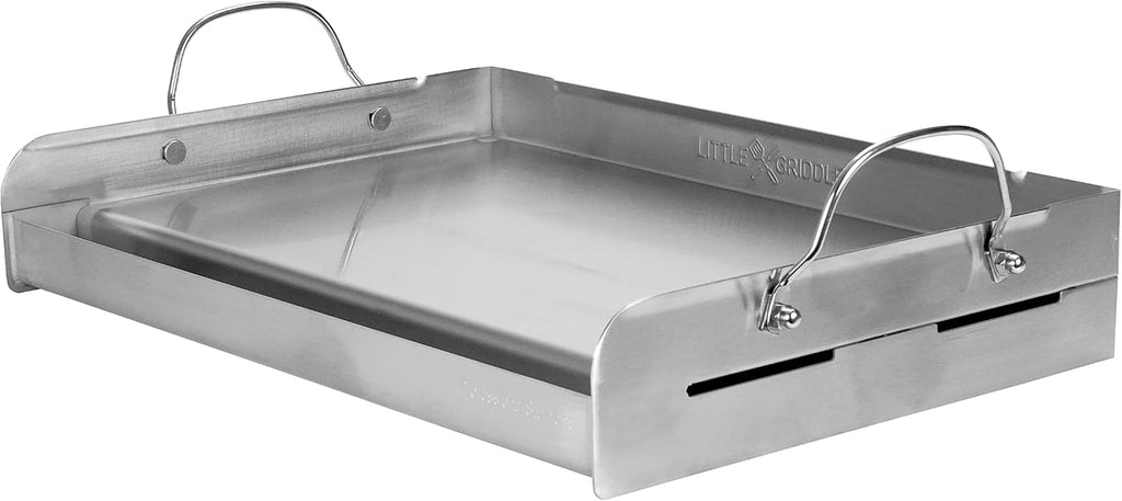 LITTLE GRIDDLE 100% Stainless Steel Griddle with Even Heat Cross Bracing and Removable Handles - For Grills, Camping, Tailgating, Silver, 25' x 16' x 6.5'