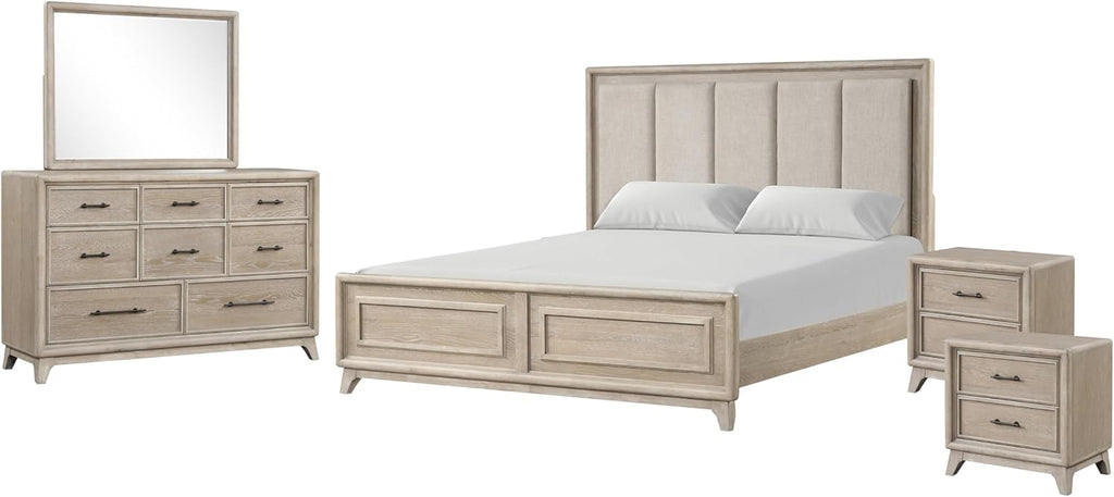 Furniture of America Veralyn Modern Solid Wood 5-Piece Bedroom Set with Channel Padded Headboard, Black Metal Handle, Felt-Lined Top Drawer, Angled Bracketed Feet, Box Spring Needed, King, Oak