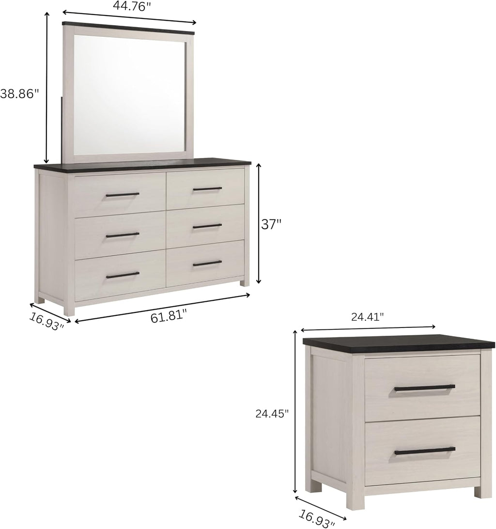 Roundhill Furniture Realynn 5-Piece Wood Bedroom Set, King Size Panel Bed with Dresser, Mirror, and 2 Nightstands, Off-White Finish