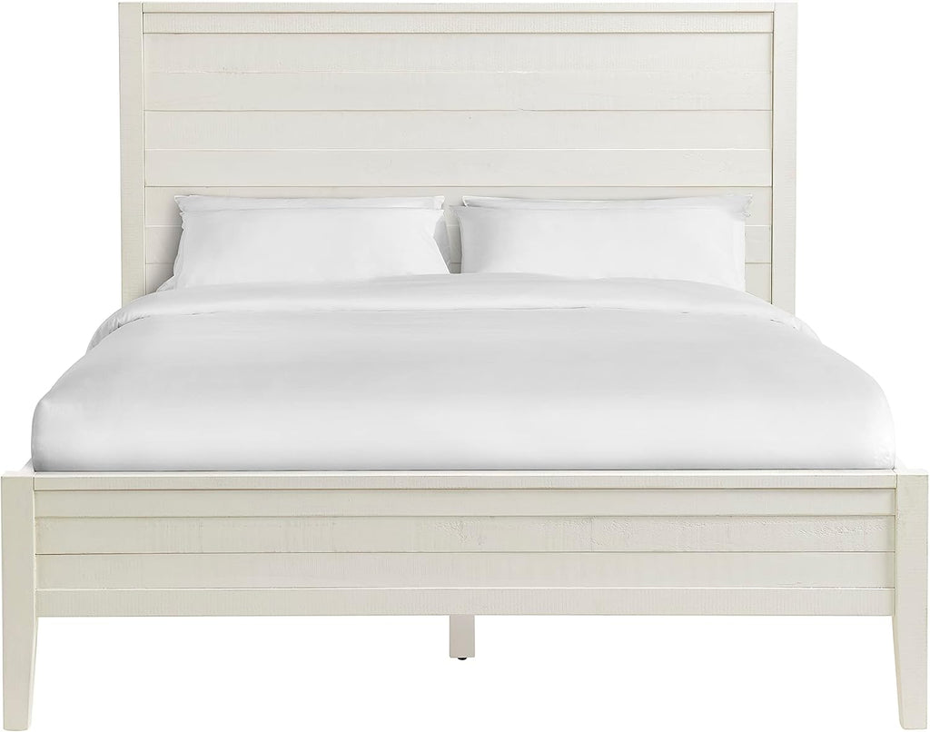 Arden Queen Size Panel Bed Frame – Solid Brazilian Pine Wood with High 50' Headboard, Low 18' Footboard, 8' Underbed Clearance – Rustic Boho Bedroom Style by Alaterre Furniture (Light Driftwood White)