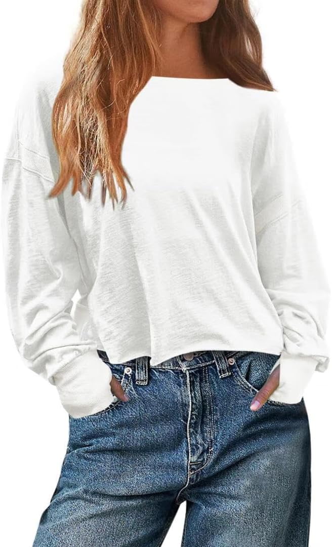 FMCHICO Backless Top for Women Crop Oversized Crewneck Pullovers Casual Loose Long Sleeve Shirts Running Y2k Yoga Outfits