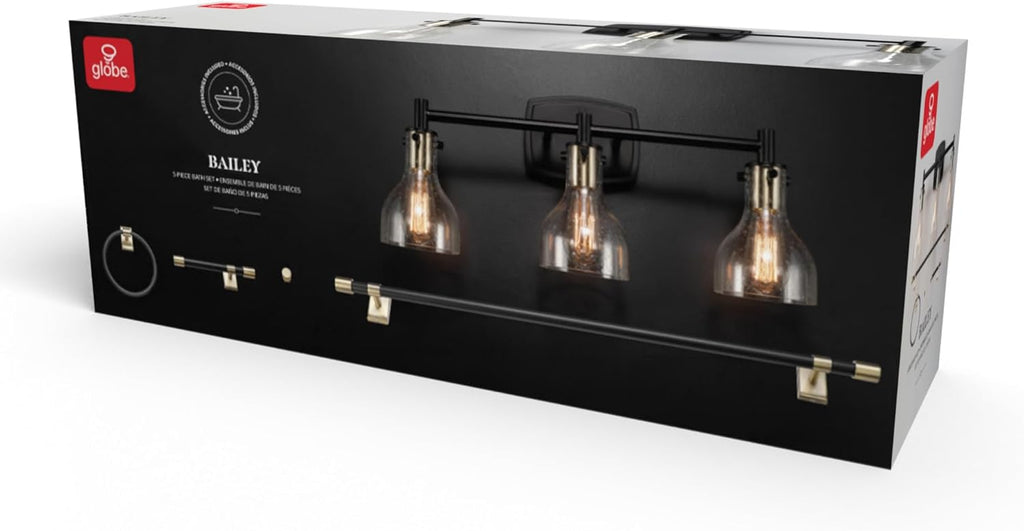 GLOBE Electric 63000062 5-Piece All-in-One Bathroom Set, Matte Black & Brass, 3-Light Vanity Light, Seeded Glass, Towel Bar, Toilet Paper Holder, Towel Ring, Robe Hook, Bathroom Lights Over Mirror