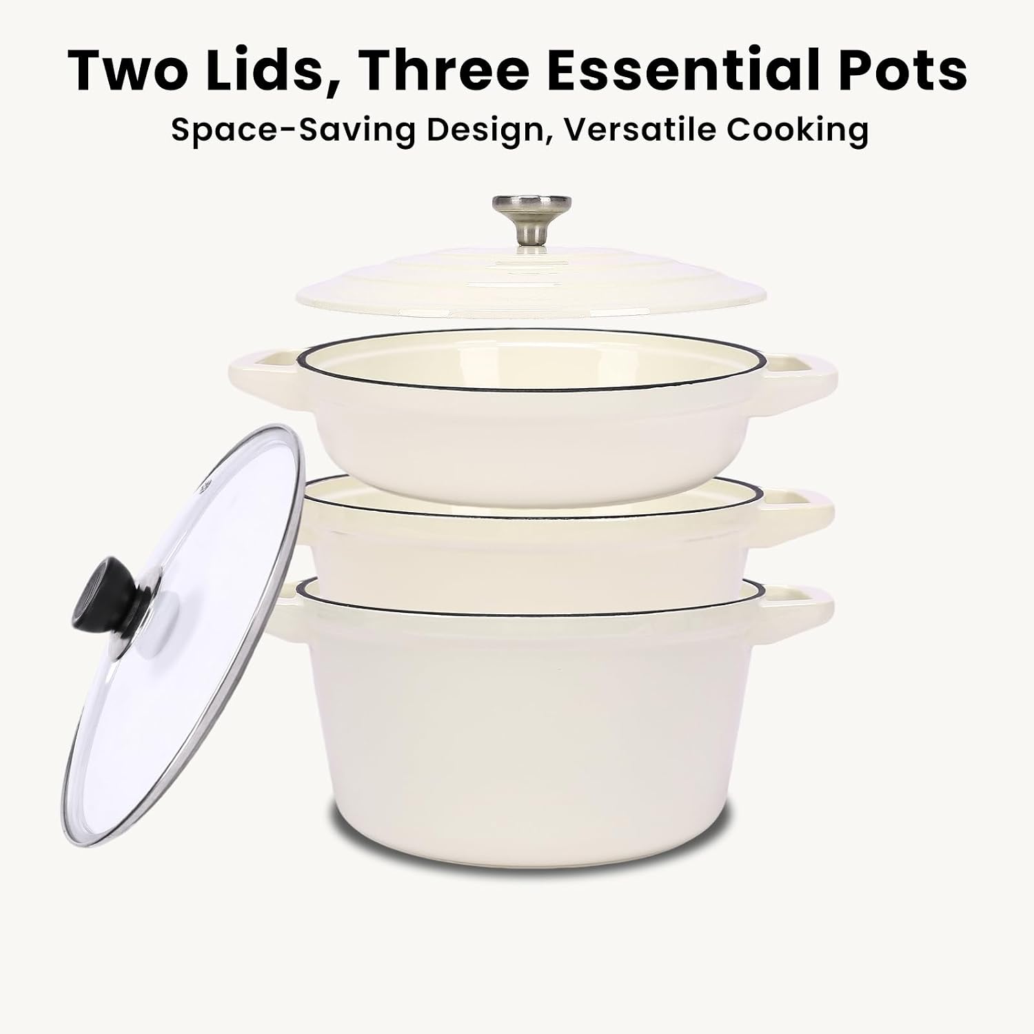QuliMetal Enameled Cast Iron Set 5-Pc, 10' Stackable Space-Saving Cookware Set, Dutch Oven, Skillet, Grill Pan, with 2 Universal Lid, Versatile Enamel Dutch Oven, Included Spacers, White