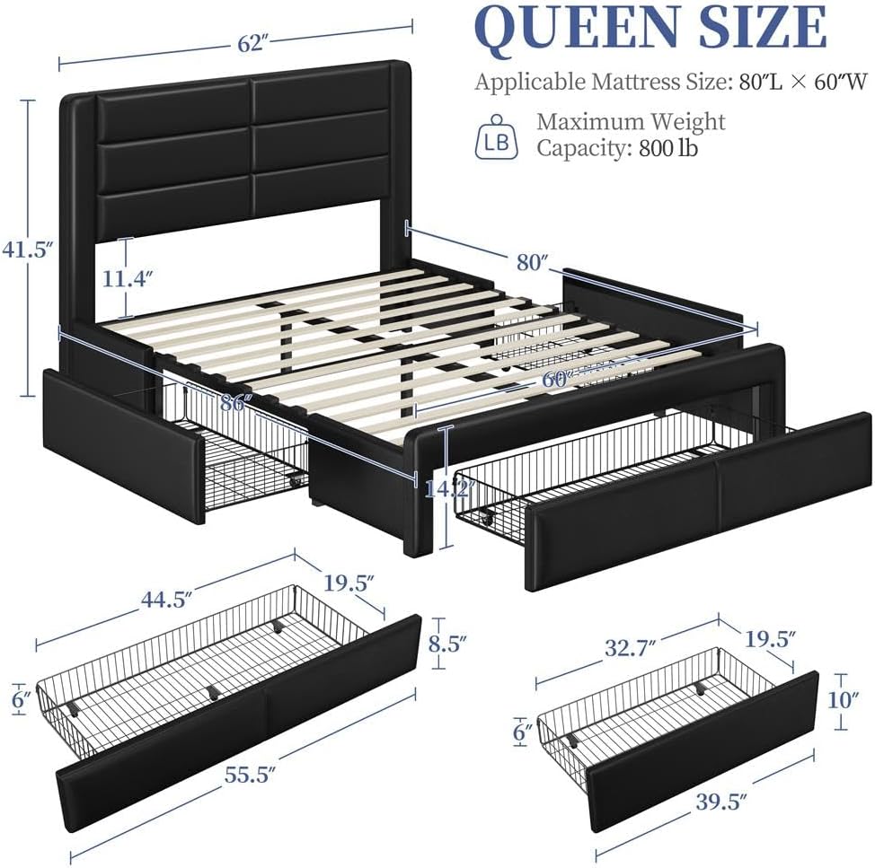 Yaheetech Queen Size Bed Frame Platform with 2 USB Charging Station/Port for Type A&Type C/3 Storage Drawers, Leather Upholstered with Headboard/Solid Wood Slat Support/No Box Spring Needed/Black