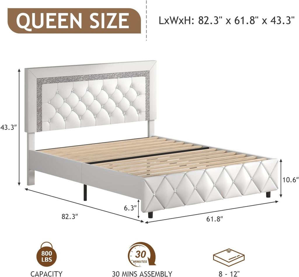 Queen Bed Frame, Faux Leather Platform Bed with Upholstered Diamond Headboard, Mattress Foundation with Strong Wooden Slats Support, No Box Spring Required, Easy Assembly, White