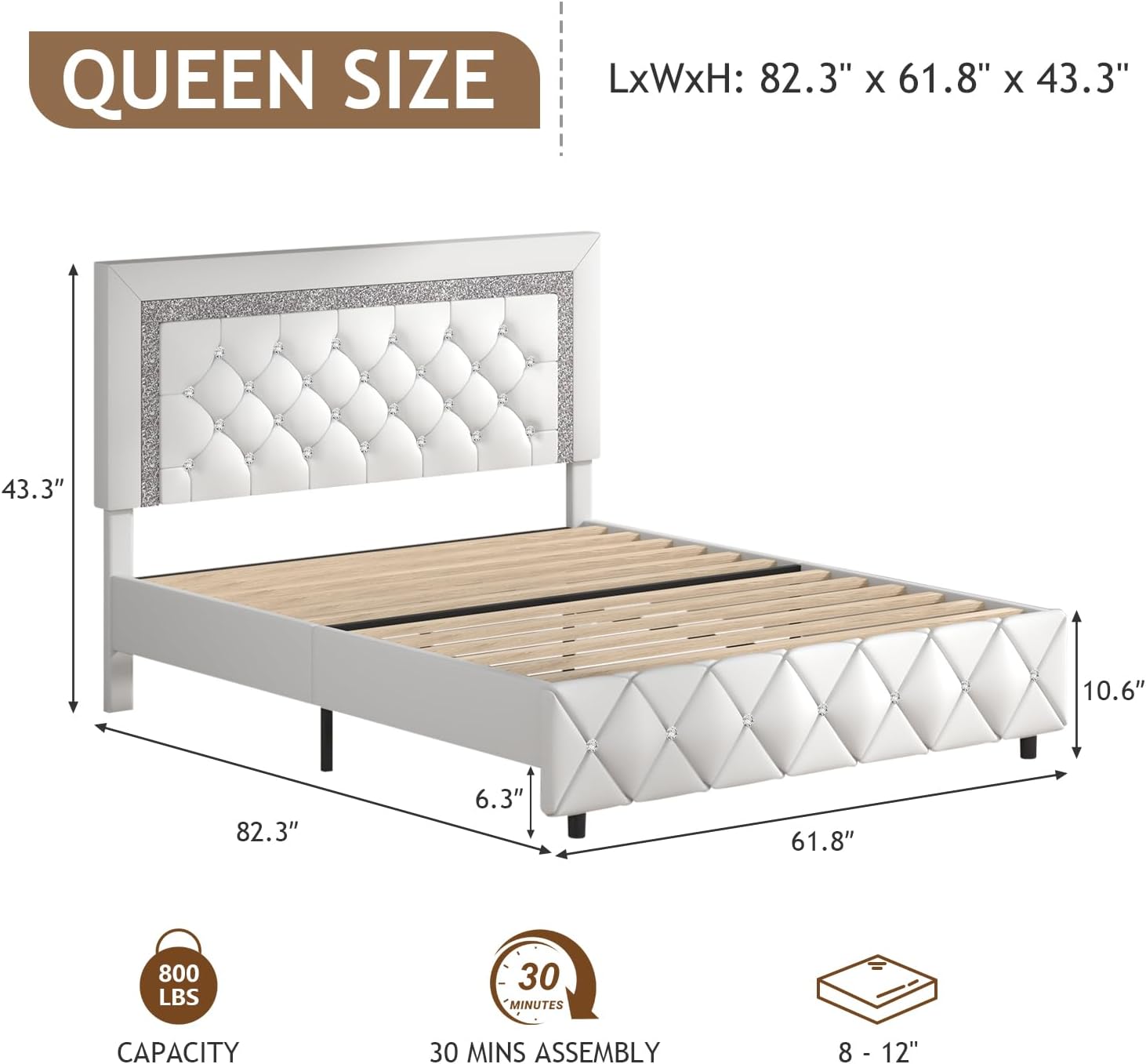 Queen Bed Frame, Faux Leather Platform Bed with Upholstered Diamond Headboard, Mattress Foundation with Strong Wooden Slats Support, No Box Spring Required, Easy Assembly, White