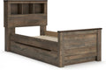 Signature Design by Ashley Trinell Casual Twin Bookcase Platform Bed with 1 Large Storage Drawer and Nailheads, Foundation or Box Spring Not Needed, Dark Brown