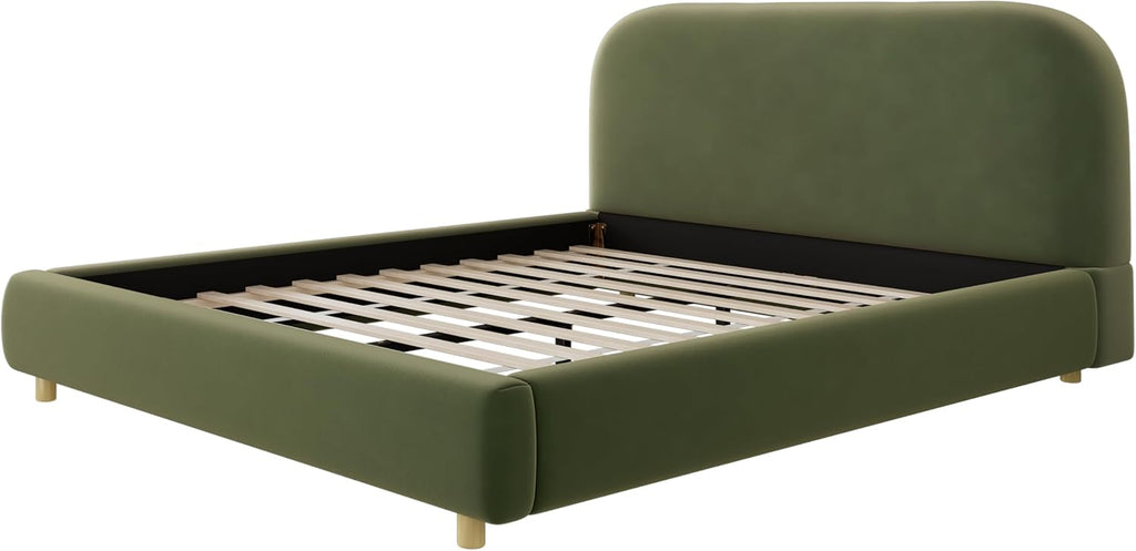 Merax Queen Size Velvet Fabric Upholstered Platform Bed with Curved Shaped Headboard, Wood Bed Frame with Solid Round Legs for Kids Teens Adults, Olive Green