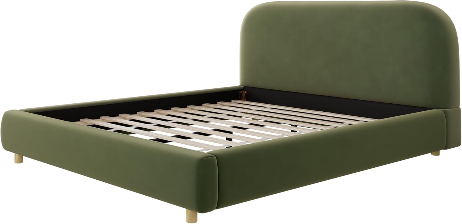 Merax Queen Size Velvet Fabric Upholstered Platform Bed with Curved Shaped Headboard, Wood Bed Frame with Solid Round Legs for Kids Teens Adults, Olive Green