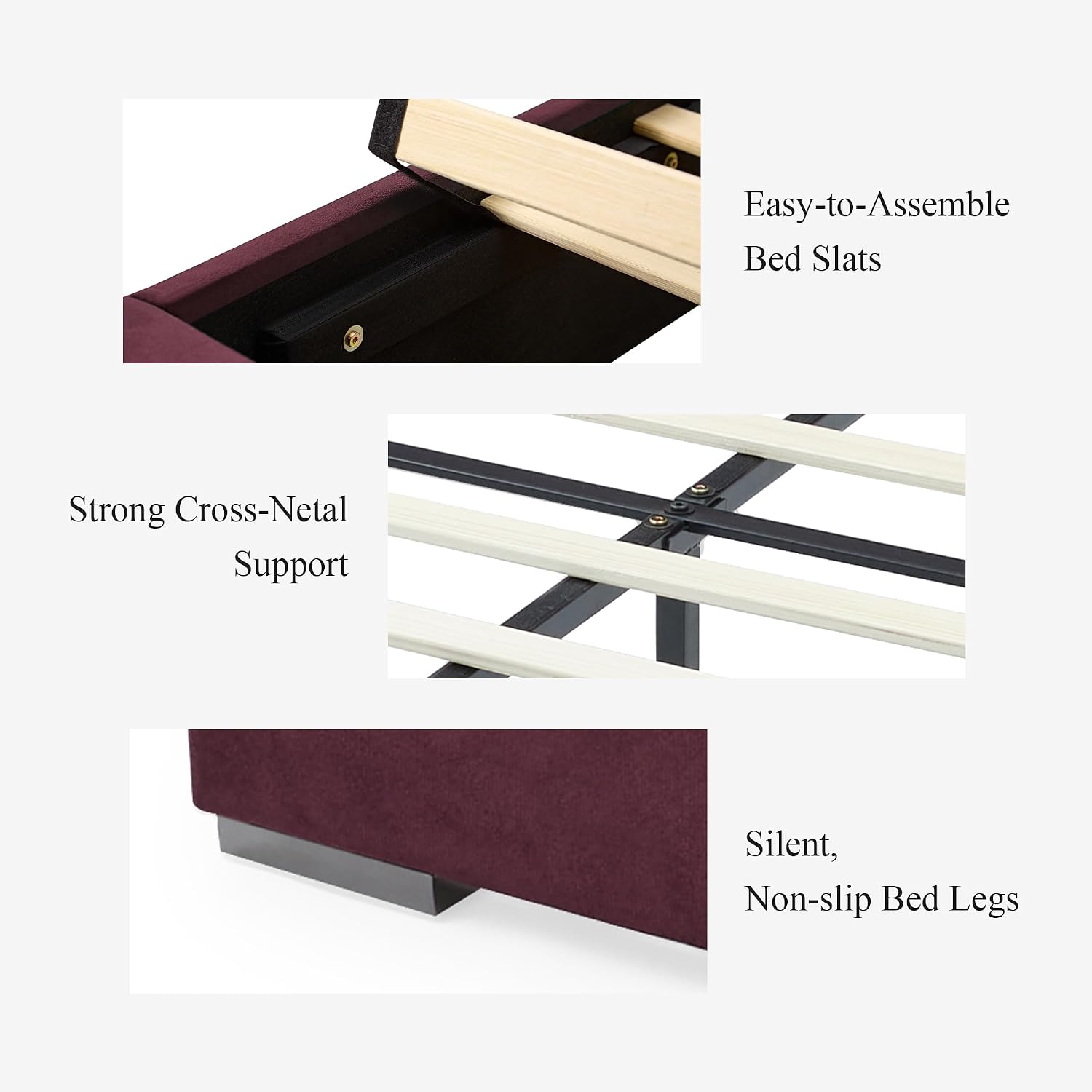DEINPPA Luxury King Bed Frame with Built-in Gold LED Lights and Nightstands, King Size Platform Bed with Oversize Upholstered Headboard, No Box Spring Needed-Burgundy