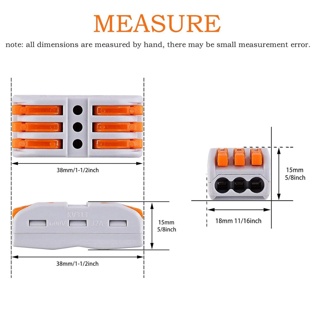 Nineleaf 3 Wire Splice Connectors 1000pcs Quick Connect Wire Connectors Push-in Lever Nuts Compact Inline Terminals for Electrical Wire Splicing Project, 28-12 AWG, 3 in 3 Out