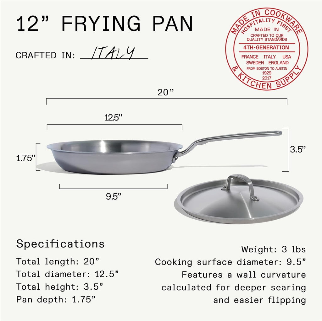 Made In Cookware | 12-Inch Stainless Steel Frying Pan With Lid | 5 Ply Stainless Clad | Professional Cookware | Crafted in Italy | Induction Compatible