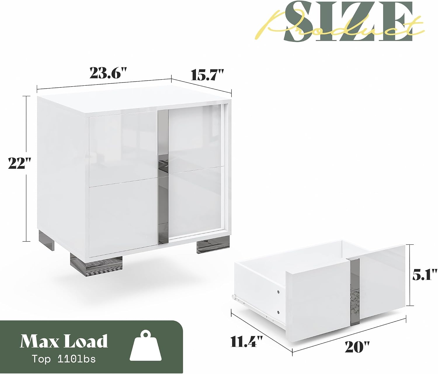 AMERLIFE Nightstand Set of 2, 23.6'' Modern End Table with Drawers, High Gloss UV Finish, Electroplated Pull Handle, Bedside Table for Bedroom, White