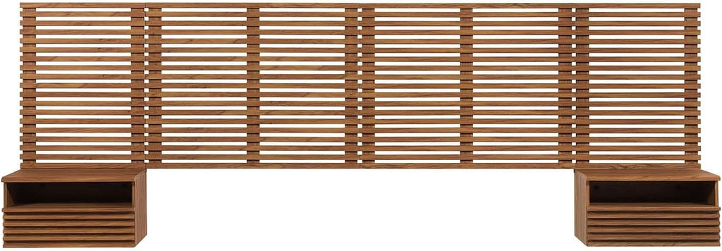 Modway Render Wall-Mount King Headboard and Modern Nightstands Bedroom Set in Walnut