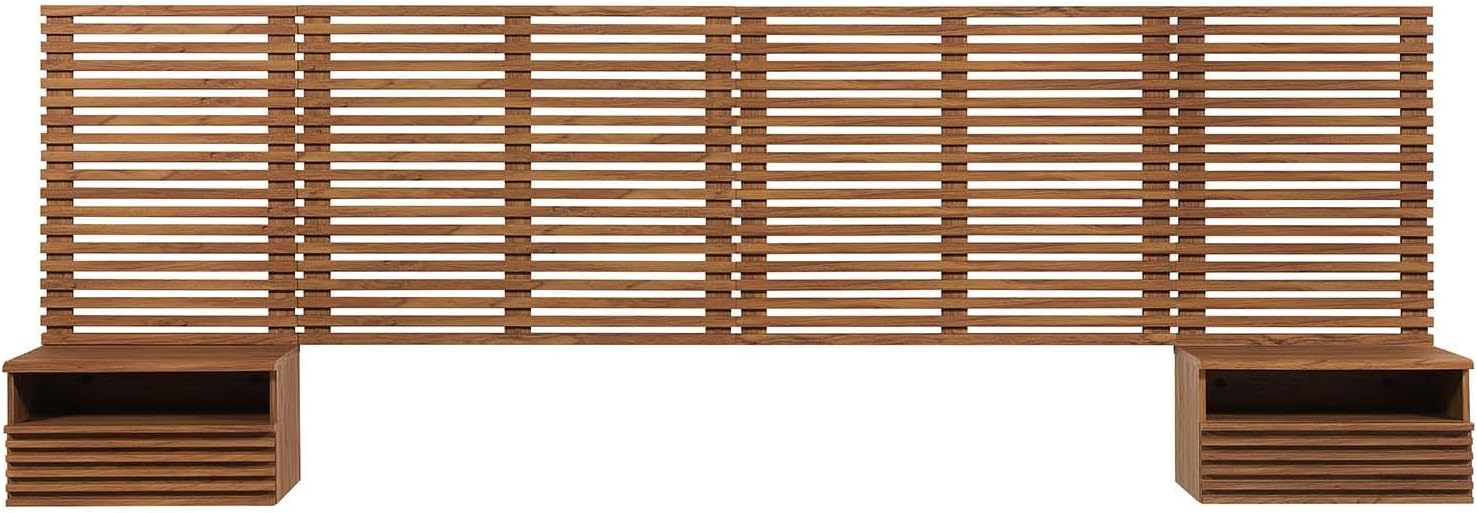 Modway Render Wall-Mount King Headboard and Modern Nightstands Bedroom Set in Walnut
