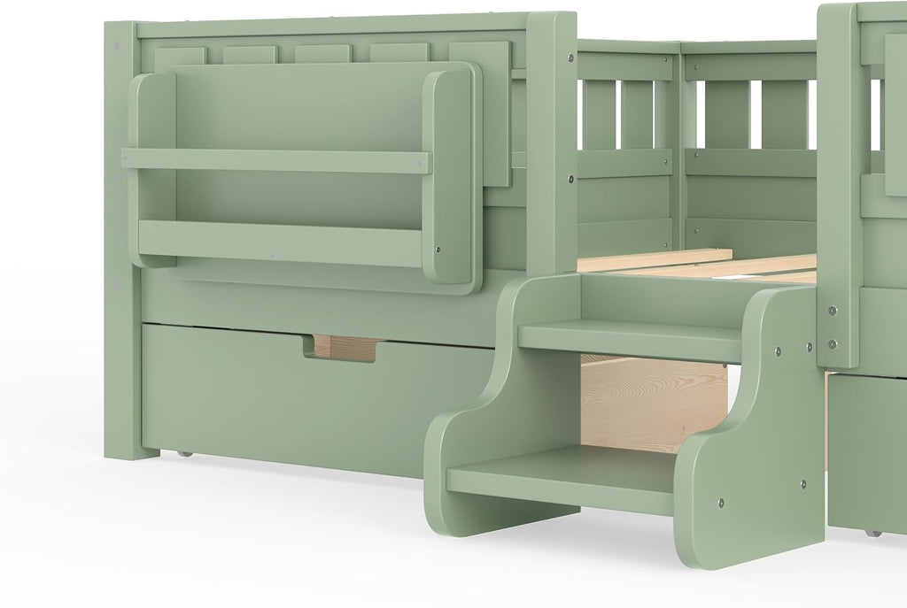 Bellemave Queen Size Montessori Bed with Stairs, Rails and Slats, Queen Size Montessori Floor Bed with Bookshelf and 2 Storage Drawers, Easy Assemble Beds Frame for Girls, Boys, Avocado Green