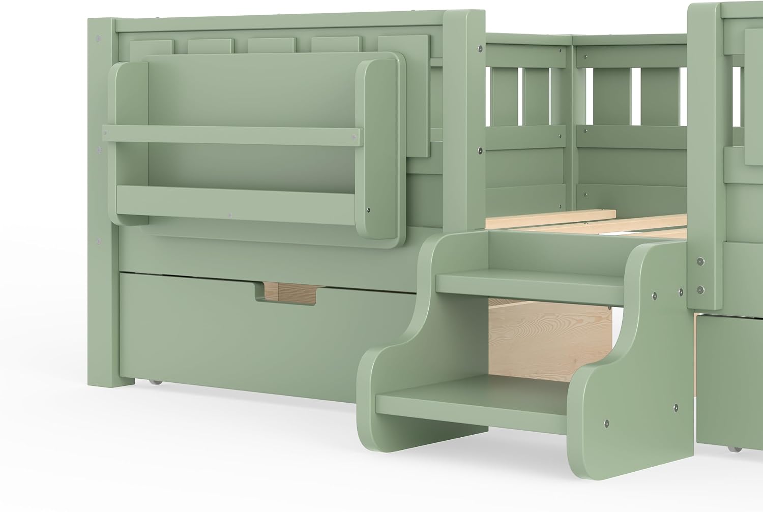 Bellemave Queen Size Montessori Bed with Stairs, Rails and Slats, Queen Size Montessori Floor Bed with Bookshelf and 2 Storage Drawers, Easy Assemble Beds Frame for Girls, Boys, Avocado Green