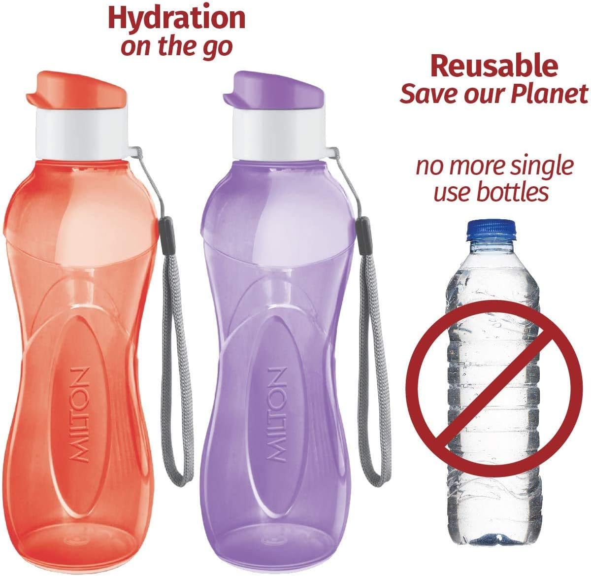 MILTON Water Bottle Kids Reusable Leakproof 12 Oz Plastic Wide Mouth Large Big Drink Bottle BPA & Leak Free with Handle Strap Carrier for Cycling Camping Hiking Gym Yoga