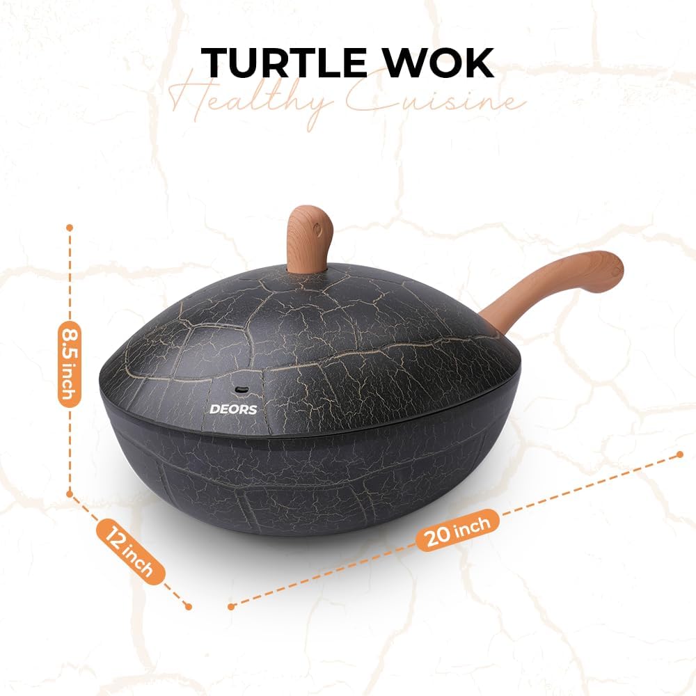 Bionic Turtle 12 Inch Nonstick Wok with Lid, Non Toxic, PFAS & PFOA Free, Dishwasher Safe, Compatible with All Stovetops, Durable Stir Fry Pan for Home Cooking