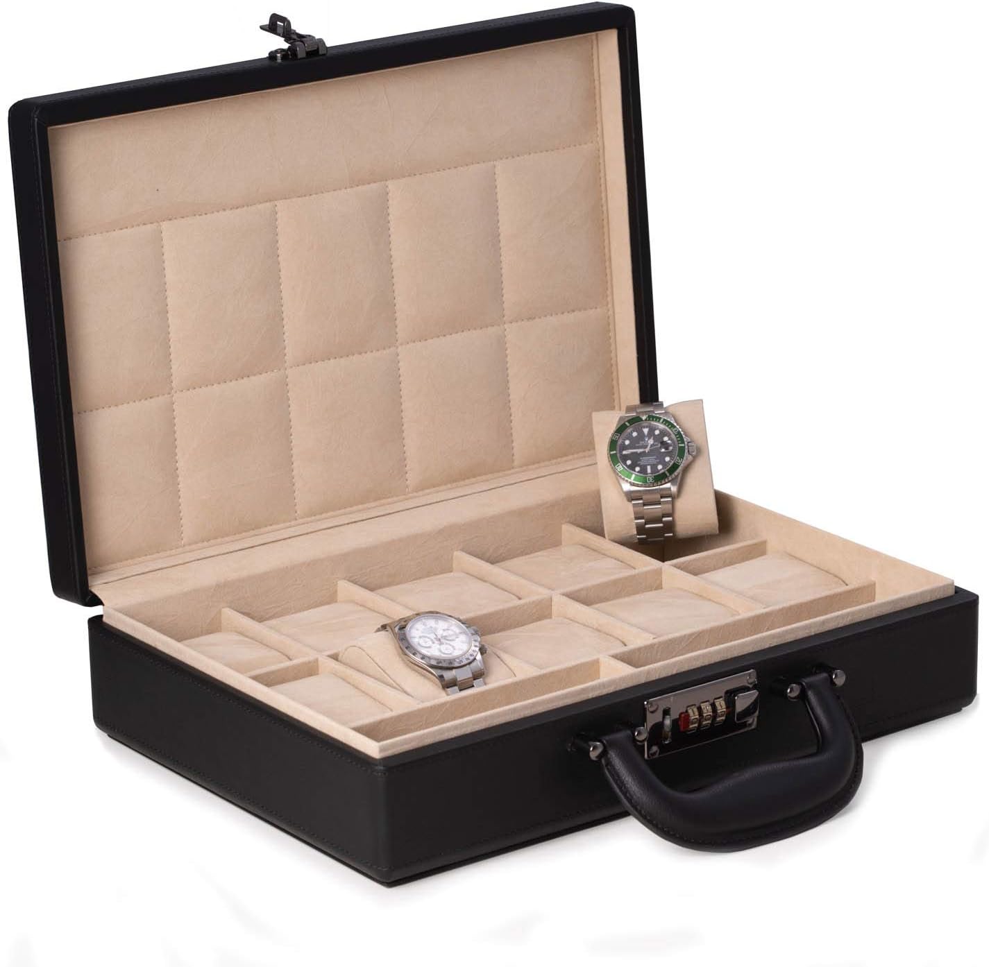 Bey-Berk Personalized Alfred Leather 10-Watch Briefcase (Black), Locking Travel Watch Storage Case with Handle and Accessory Compartments, 13.5' x 3.5' x 9.5'