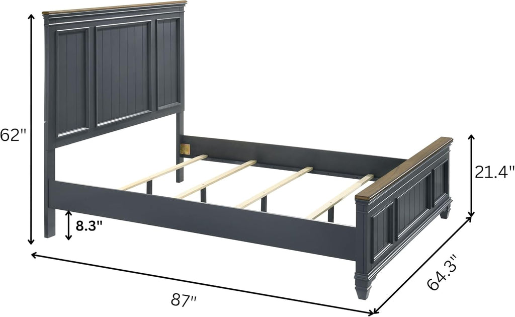 Roundhill Furniture Riverton Wood 3-Piece Bedroom Set, Shiplap Panel Queen Bed with 2 Nightstands in Slate Blue