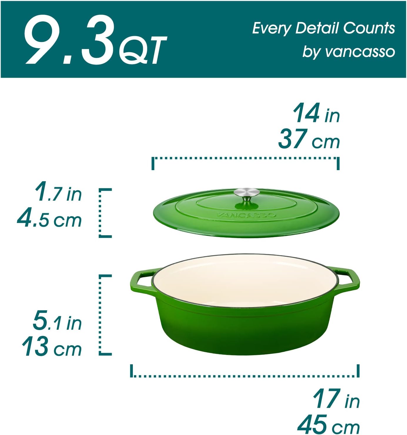 vancasso Enameled Cast Iron Dutch Oven, 9.3 Quart Dutch Oven Pot with Lid, Oval Dutch Oven Cast Iron Pot with Non Stick Enamel Coating for Bread Baking