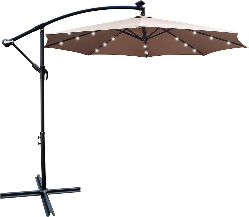 10ft 8 Ribs Outdoor Patio Umbrella with 24 LED Lights, Solar Powered Lighted Sun Shade Market Umbrella with Crank and Cross Base, for Garden Deck Backyard Pool Deck Swimming Pool