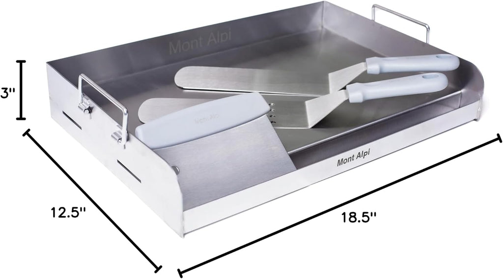 Mont Alpi MASHP Stainless Steel Universal Outdoor Barbecue Flat Top Griddle Converter Kit - Frying Pan with Grease Collection Zone, Teppanyaki Style Solid and Slotted Spatulas, Scraper BBQ Tool Set