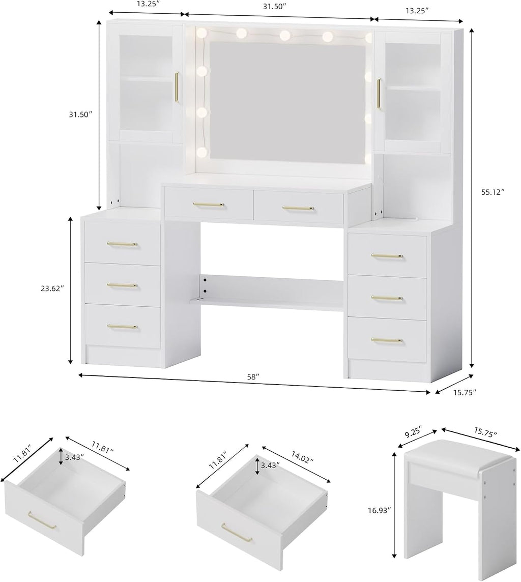 TOKSOM White Vanity Desk with Mirror, Lights & Charging Station, 58' 3 Lighting Modes Makeup Desk with 8 Drawers, 2 Cabinets and Lots Storage, Dressing Table Vanity Set with Lighted Mirror