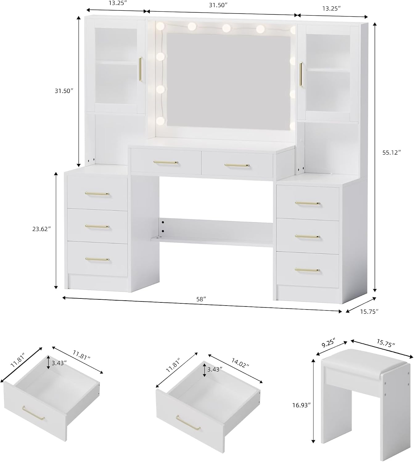 TOKSOM White Vanity Desk with Mirror, Lights & Charging Station, 58' 3 Lighting Modes Makeup Desk with 8 Drawers, 2 Cabinets and Lots Storage, Dressing Table Vanity Set with Lighted Mirror