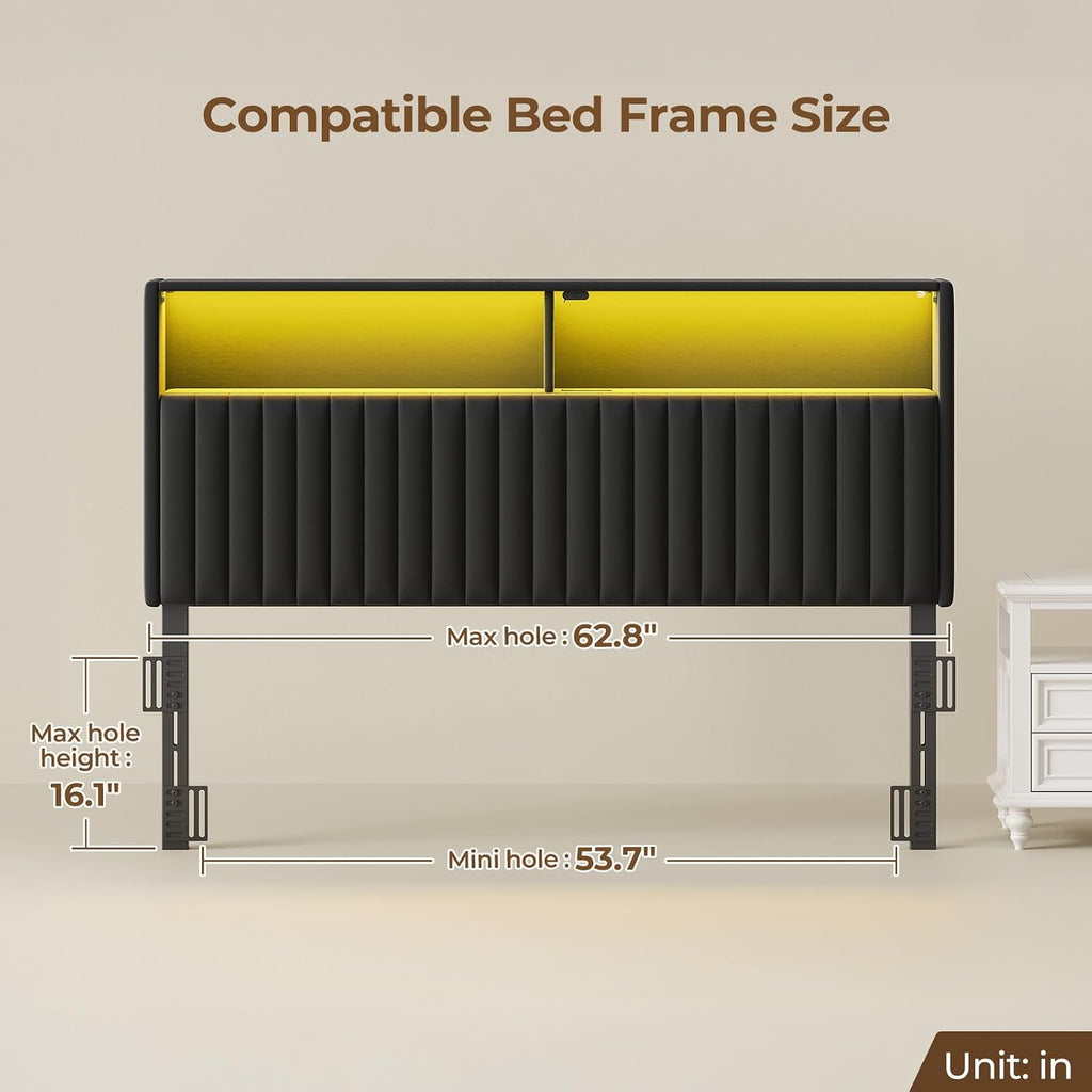 Rolanstar Headboard for Queen Size Bed with Storage, Head Board with USB & Type C Port, 60,000 DIY Color of LED Light, Velvet Upholstered, Height Adjustable, Sturdy, Easy Assembly, Black