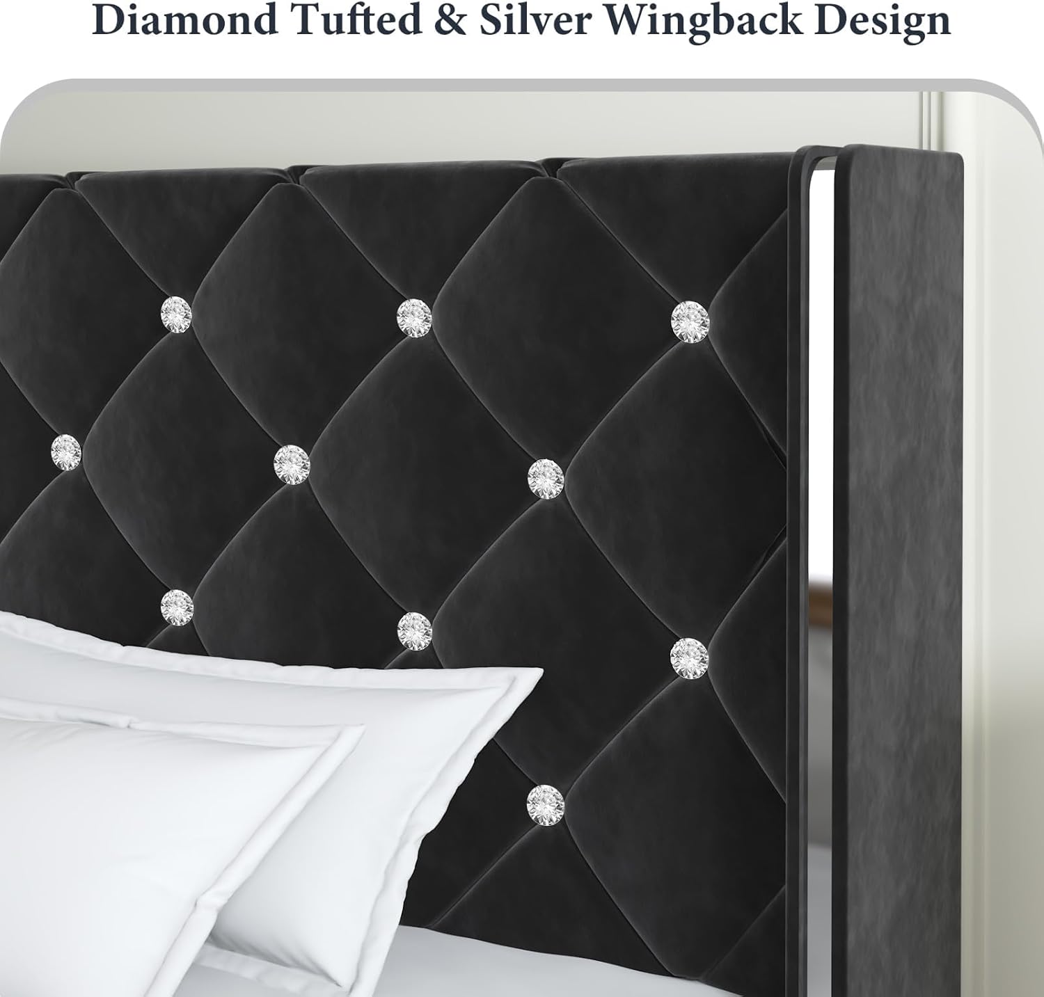 Lullabyre Queen Size Bed Frame, Upholstered Bed Frame with Diamond Tufted Headboard, Modern Silverside Wingback, No Box Spring Needed, Easy Assembly, Black