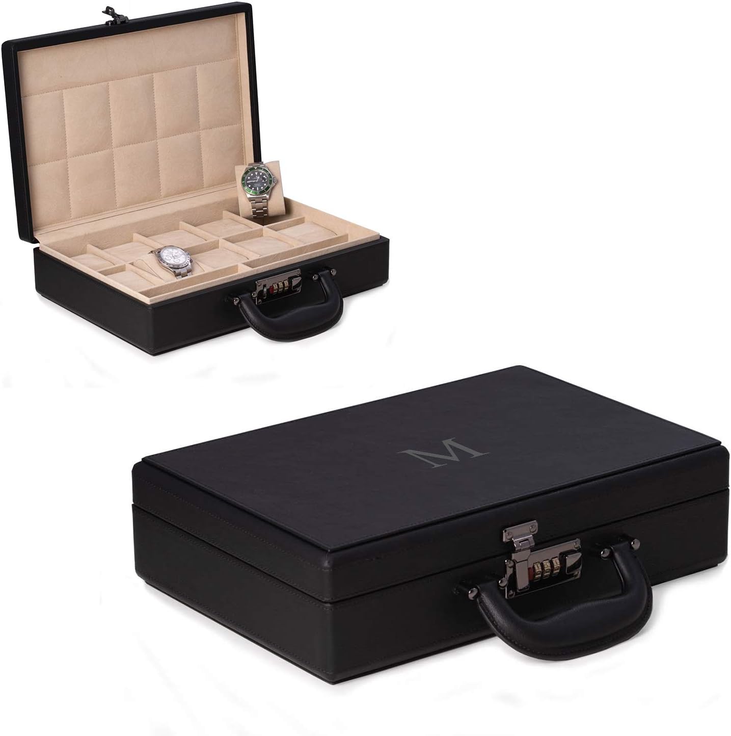 Bey-Berk Personalized Alfred Leather 10-Watch Briefcase (Black), Locking Travel Watch Storage Case with Handle and Accessory Compartments, 13.5' x 3.5' x 9.5'