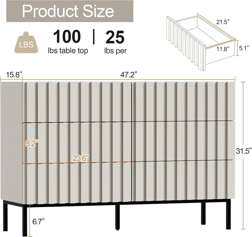 UEV 3 Piece Dresser and Nightstand Sets for Bedroom, 47' Wide 6 Drawer Dresser & Nightstand Set of 2, Mid Century Modern Fluted Wooden Dressers Set, Bedroom Furniture Set (Milkly White)