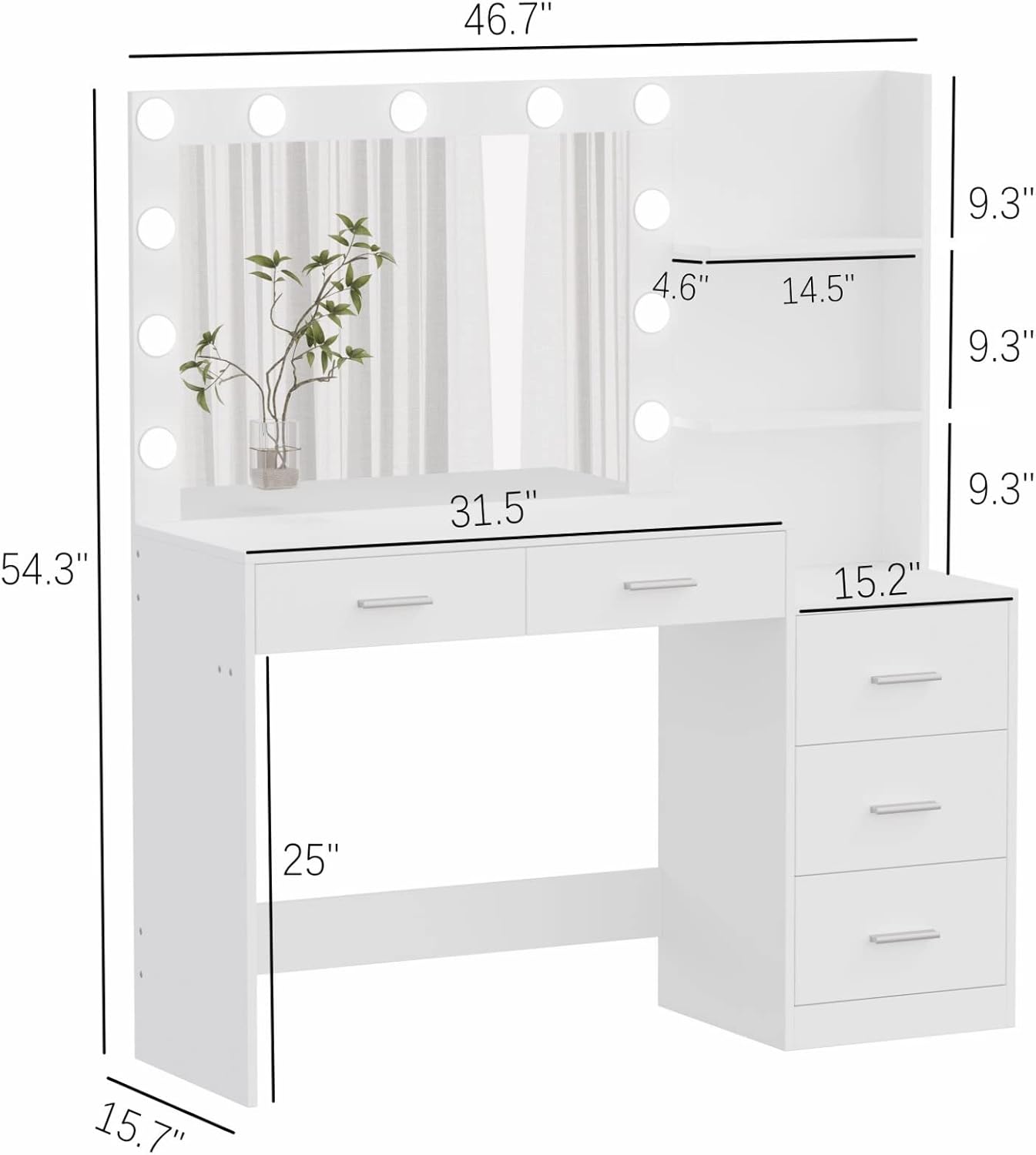 Rovaurx 46.7' Makeup Vanity Table with Lighted Mirror, Large Vanity Desk with Storage Shelf & 5 Drawers, Bedroom Dressing Table, 11 LED Lights, White