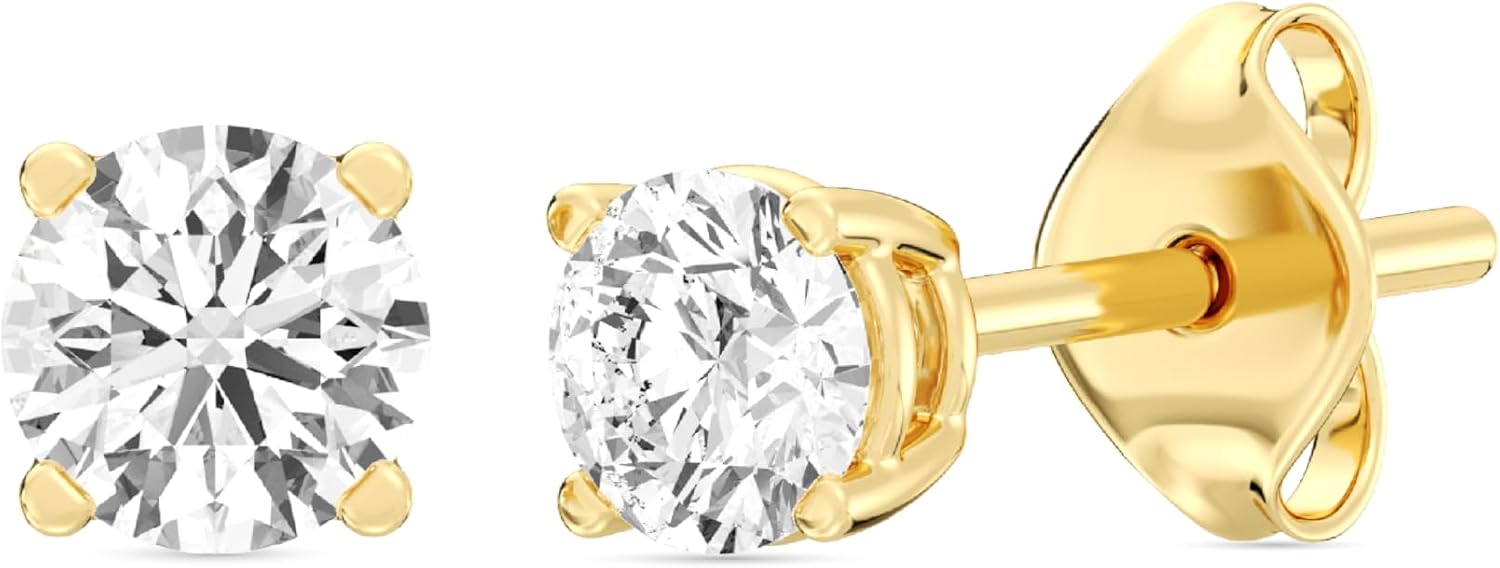 Gilded Lab-Grown Diamond Stud Earrings 10KT White Gold and 10KT Yellow Gold | Hypoallergenic Fine Gold Jewelry | 4-Prong Basket, Push Back Nut | VS2 SI1 Clarity, F Color, Round Cut | 1/5,1/4,1/3,3/8,1/2,3/4,1,2 ct tw