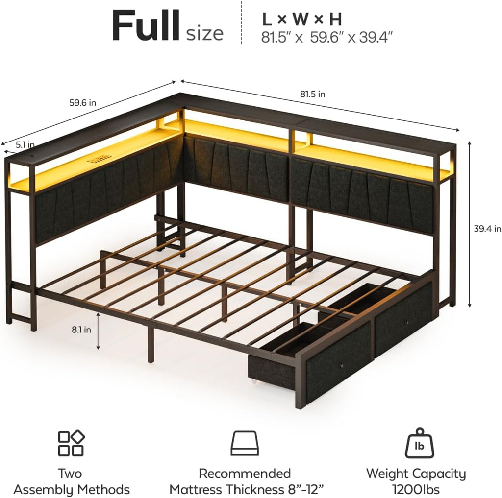 Full Corner Bed Frame with Storage Drawers, Modern Daybed with LED Lights and Charging Station, Metal Platform Bed Frame Full Size with Linen Upholstered Guardrail for Dorm Bedroom, Black