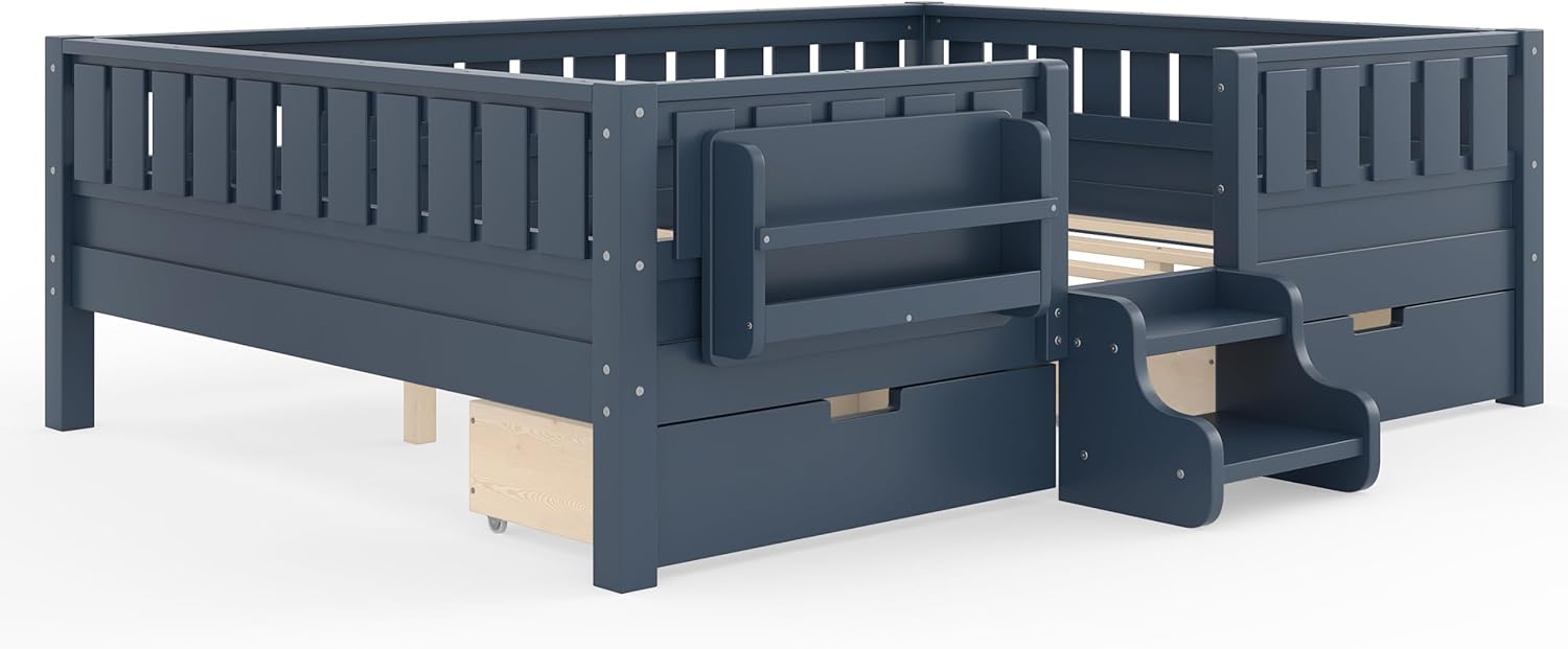 Bellemave Queen Size Bed with Slats and Stairs, Queen Size Platform Bed Frame with Fence, Bookshelf and Storage Drawers, Easy Assemble Beds for Girls, Boys, Blue