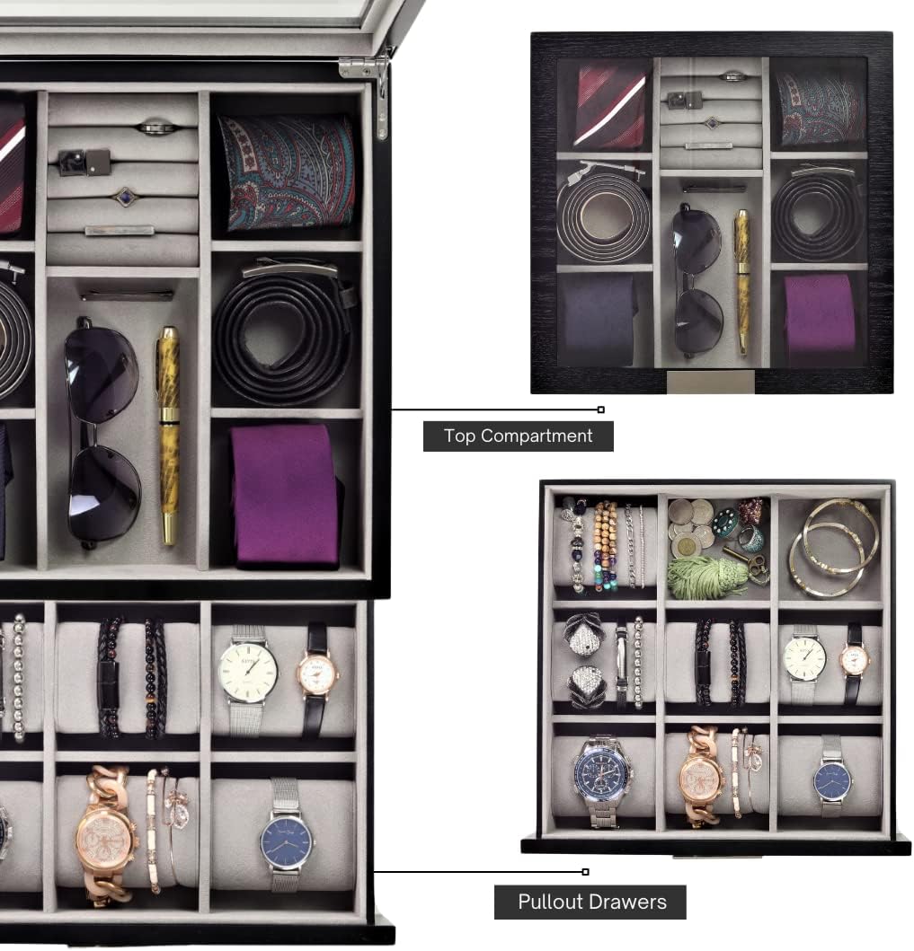 Multi purpose Black Wood Handmade Men Tie Storage Box,Watch Box and Jewelry Box (Busy Man)