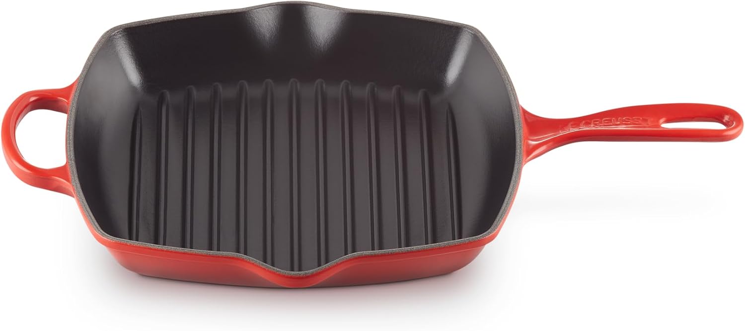 Le Creuset Enameled Cast Iron Signature Square Skillet Grill, 10.25', Cerise