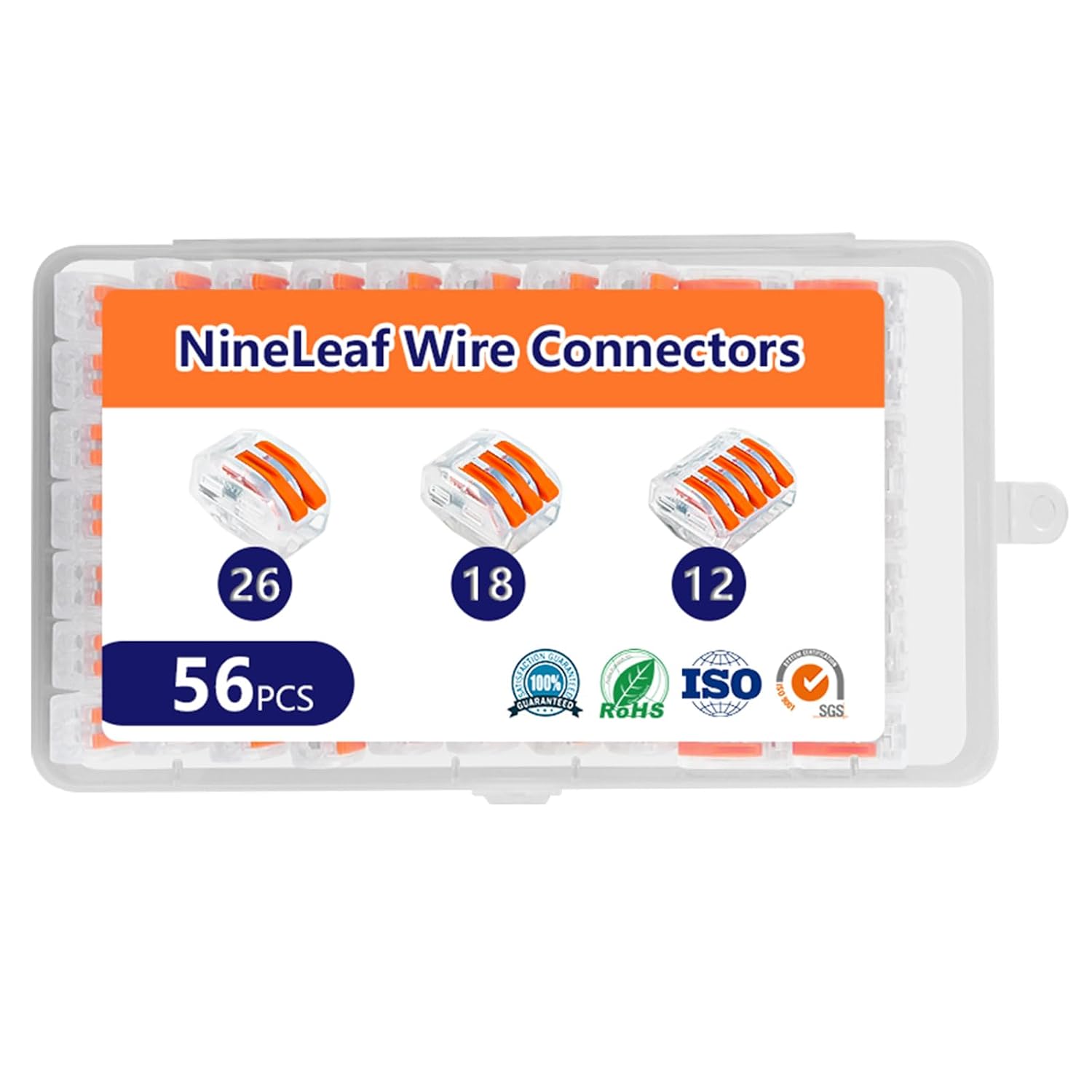 NineLeaf 56 Pcs Transparent Lever Wire Connectors Kit, 2/3/5 Port Electrical Wire Connectors with Test Hole, Push-in Lever Nuts for AWG 28-12, Reusable Quick Splice Connectors with Storage Box,50 Set