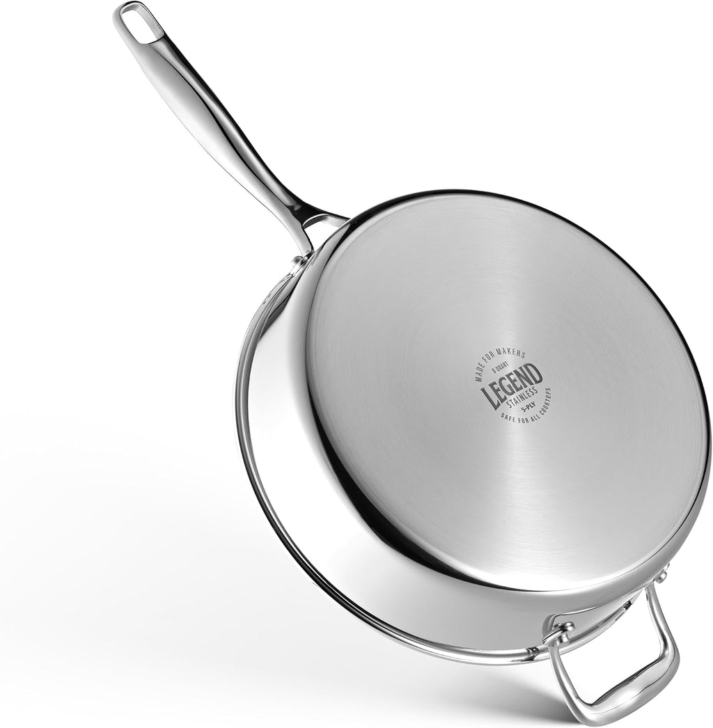 LEGEND COOKWARE 5-Ply Stainless Steel 5-Quart Saute Pan with Lid - Induction Compatible, Oven Safe 800°F - Non-Toxic, No Coatings - Even Heating, Won't Warp - Built to Last Generations