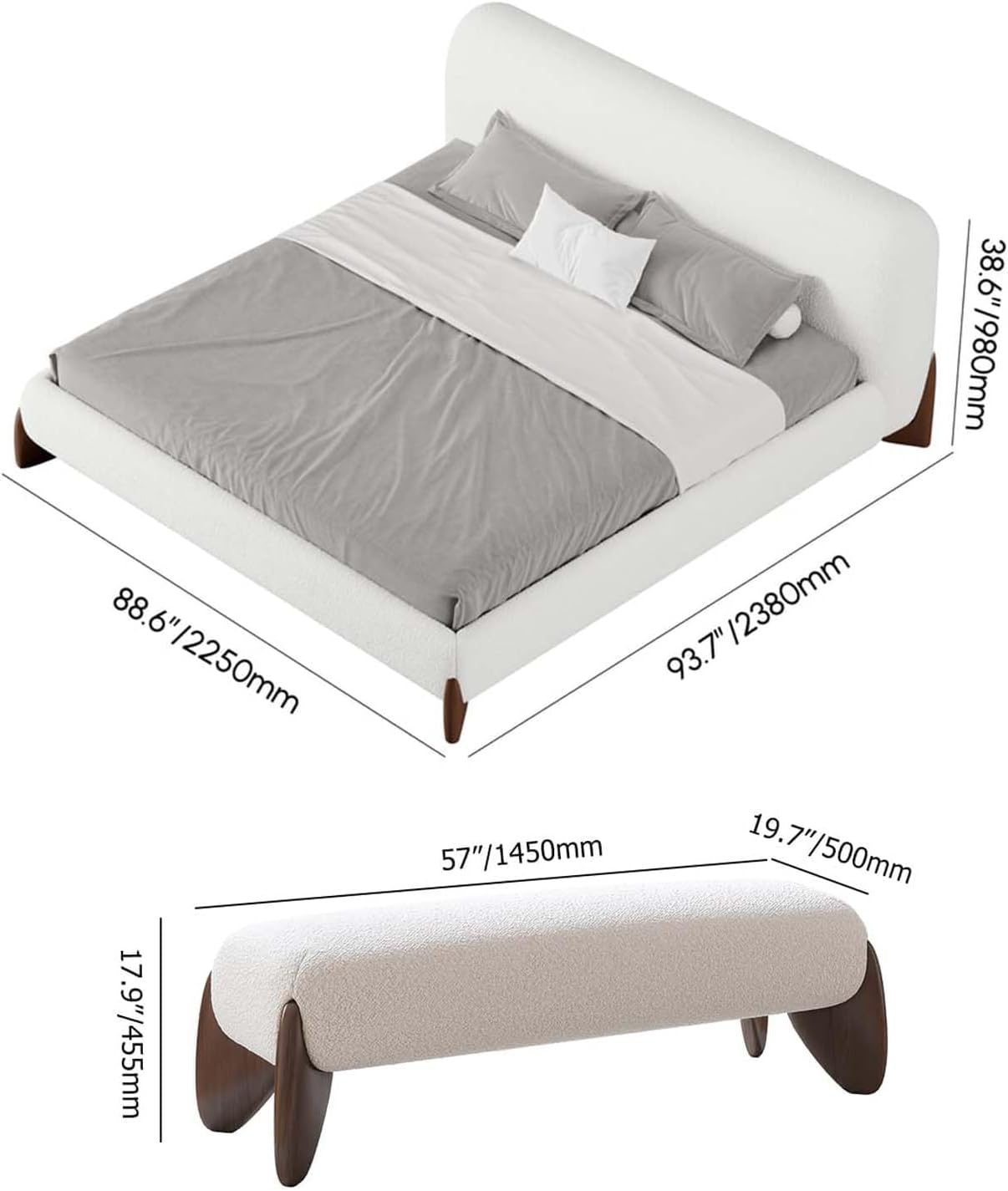 homary Curva Modern White Boucle King Size Platform Bed Set & Bedroom Bench with Solid Rubber Wood Legs, Upholstered Headboard, Comfortable & Stylish for Master Suite or Guest Room