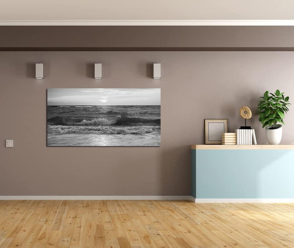 Black and White Ocean Wall Art,Black and White Nature Wall Art,Black White Art Bathroom,Large Modern Sea Waves Canvas Artwork Framed,Living Room Office Decor-36'x71'inch