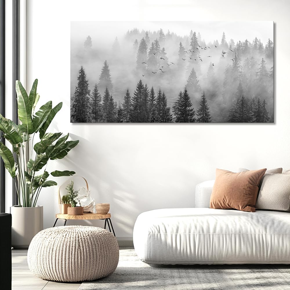 vgrozirh Wall Art Foggy Forest Black and White Wall Art Nature Landscape Mountain Photographic Printed on Canvas for Bedroom Living Room Office Home Decor Ready to Hang 79'x40'(200X100CM)