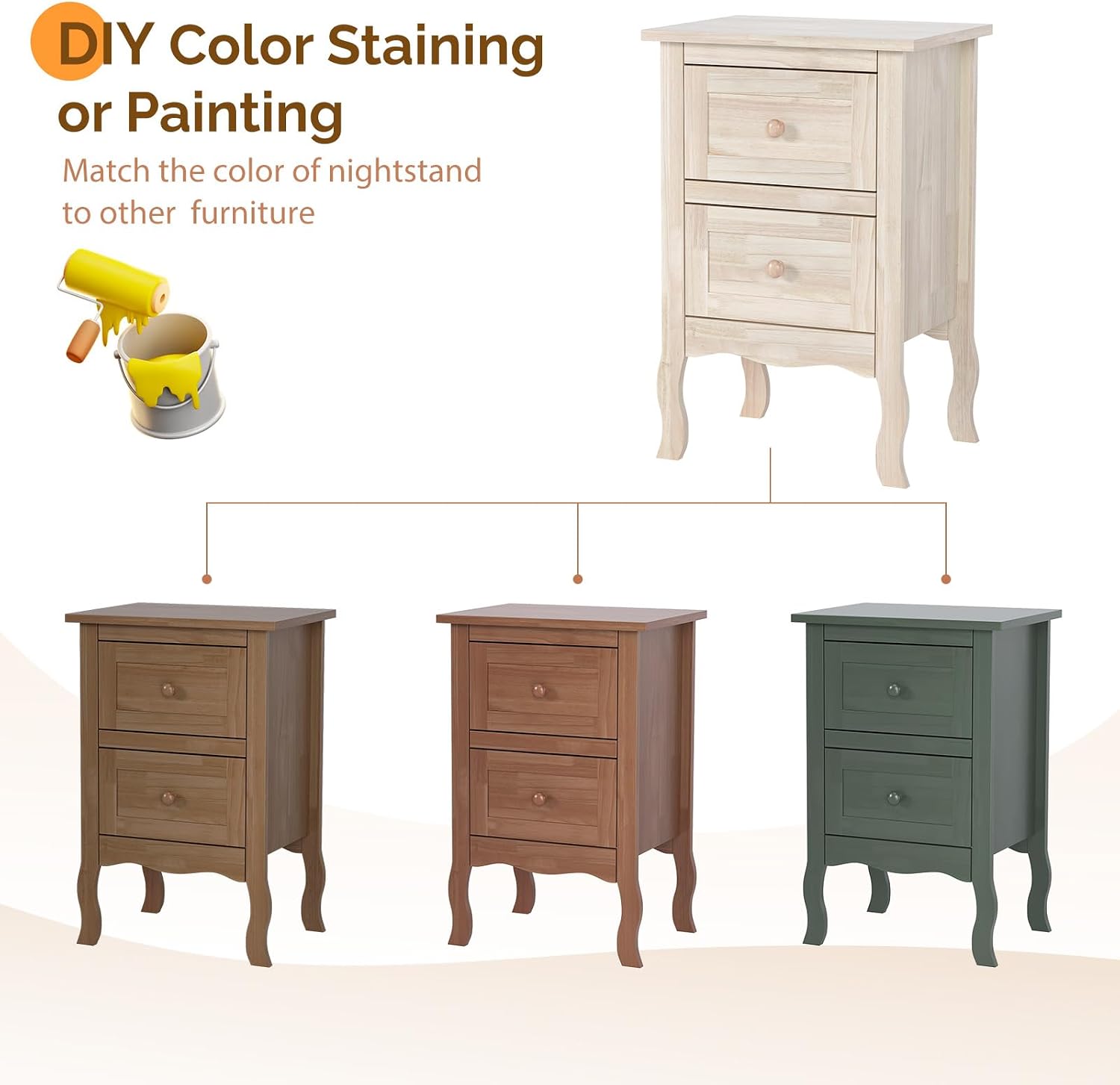VINGLI Nightstands Set of 2, Unfinished Solid Wood Nightstand Color DIY, Small Nightstand for Bedroom, Natural Wood Night Stand with Drawers, Light Wood Night Stands, Real Wooden Bedside Table