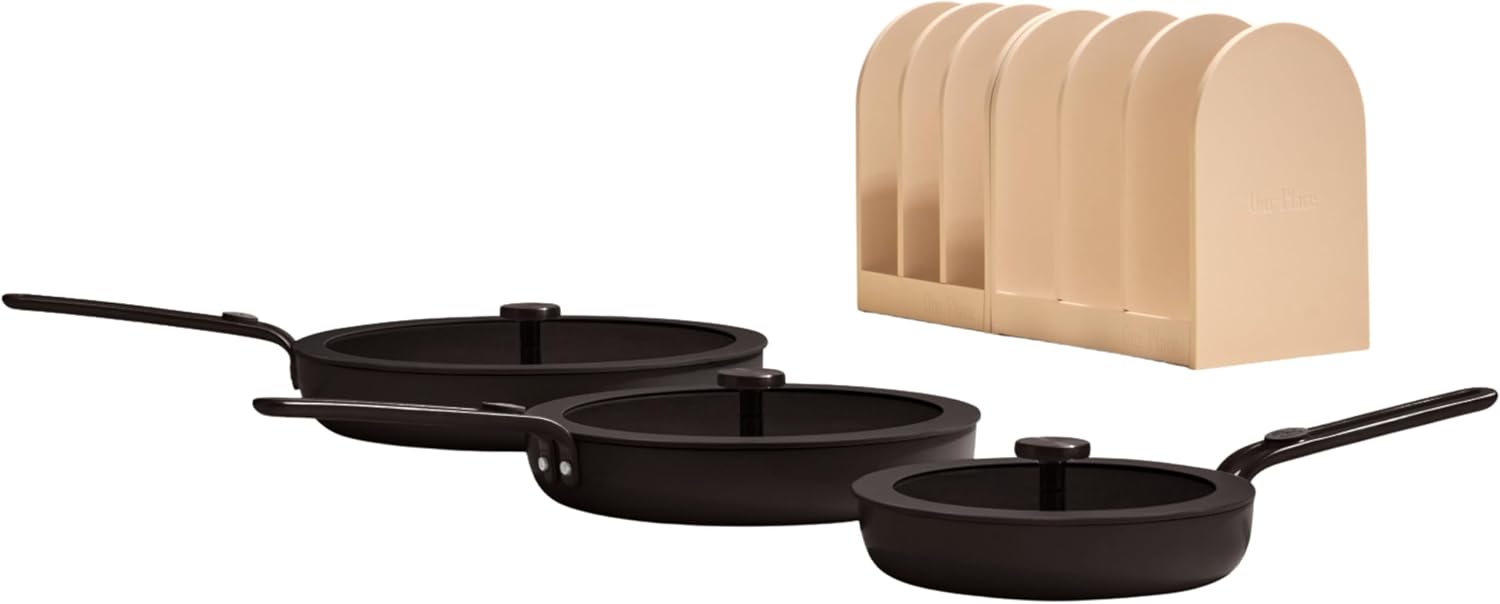 Our Place 8-Piece Essentials Complete Cookware Set - Ceramic Fry Pan Trio & Modular Rack Storage | Nontoxic Thermakind™ Nonstick, Oven Safe up to 450°F & Compatible with All Cooktops | Char