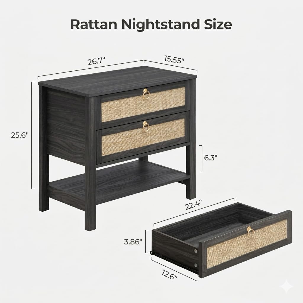 SICOTAS Night Stands Set of 2 for Bedroom, Large Bedside Tables with Drawer & Open Shelf, Wide Boho Rattan Nightstand Set Narrow Side Table for Master Bedroom