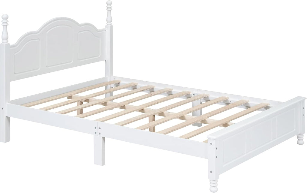 Merax Classic Retro Solid Wood Platform Bed with Headboard, Full Bed Frame/No Box Spring Needed/Easy Assemble White