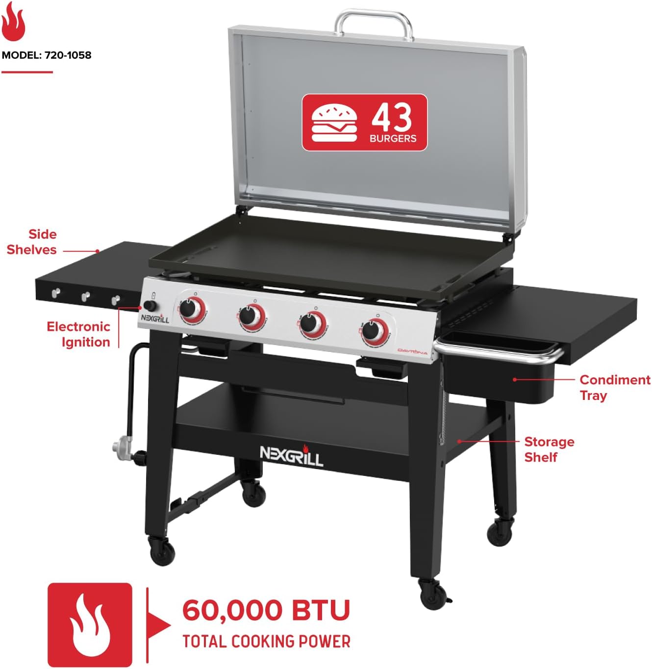 Nexgrill Daytona 4-Burner Propane Gas Griddle with Side Tables, 60000 BTU Flat Top Grill, 756 SQ In. Hot-Rolled Steel Cooking Space, Outdoor Cooking Barbeque, Black with Stainless Steel Lid - 720-1058